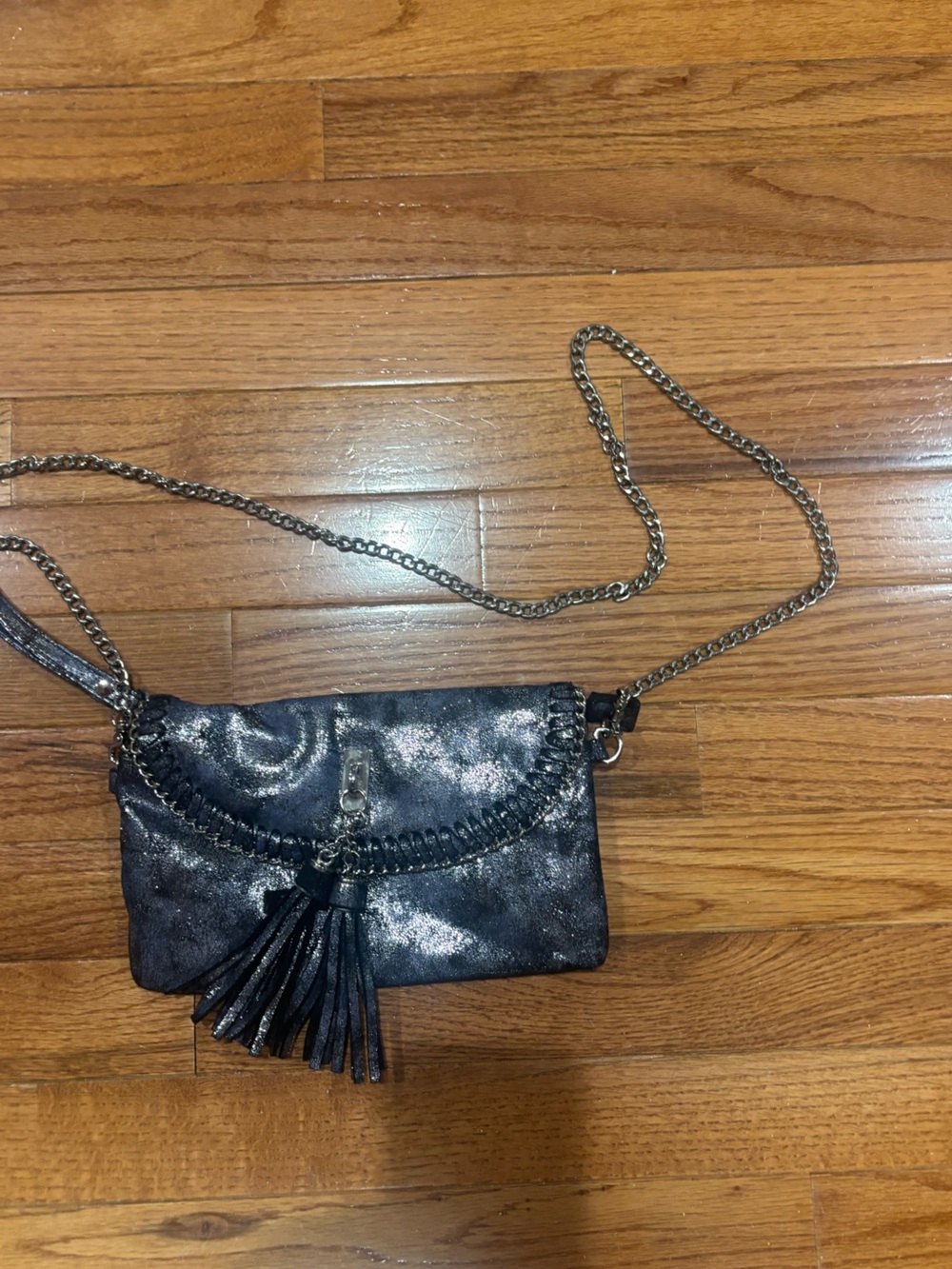 Navy metallic Chain Crossbody Bag with Tassel